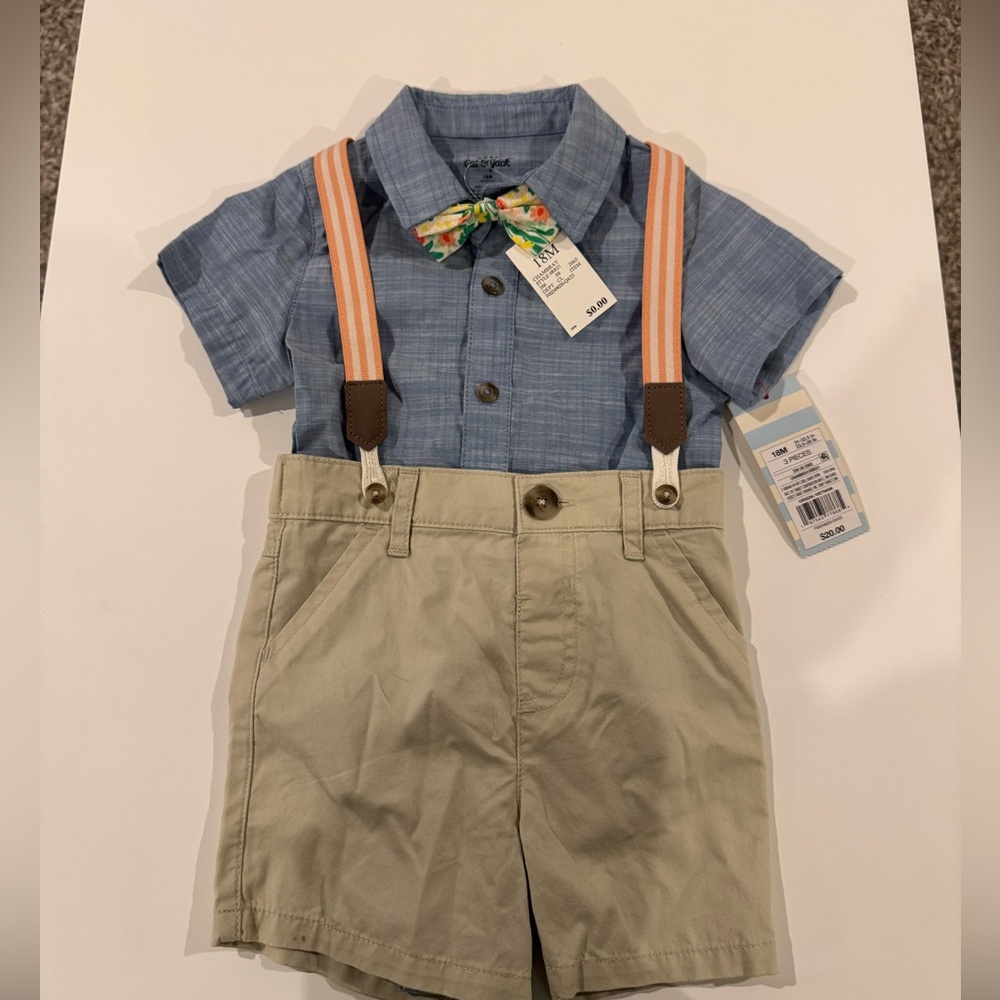Cat & Jack Blue Shirt and Tan Shorts Set with Suspenders